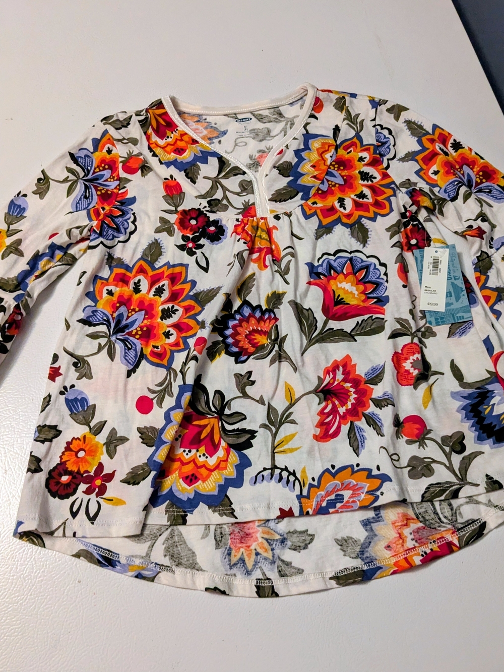 NWT Old Navy White Long-Sleeve Floral Tunic Top with Multicolor Print